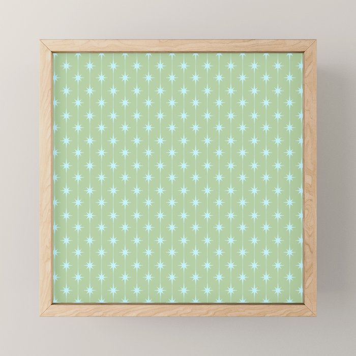 Mid Century Modern Atomic Stars and Dots Retro Pattern in Sage Green and Light Aqua Mini Art Print Gallery Image 1