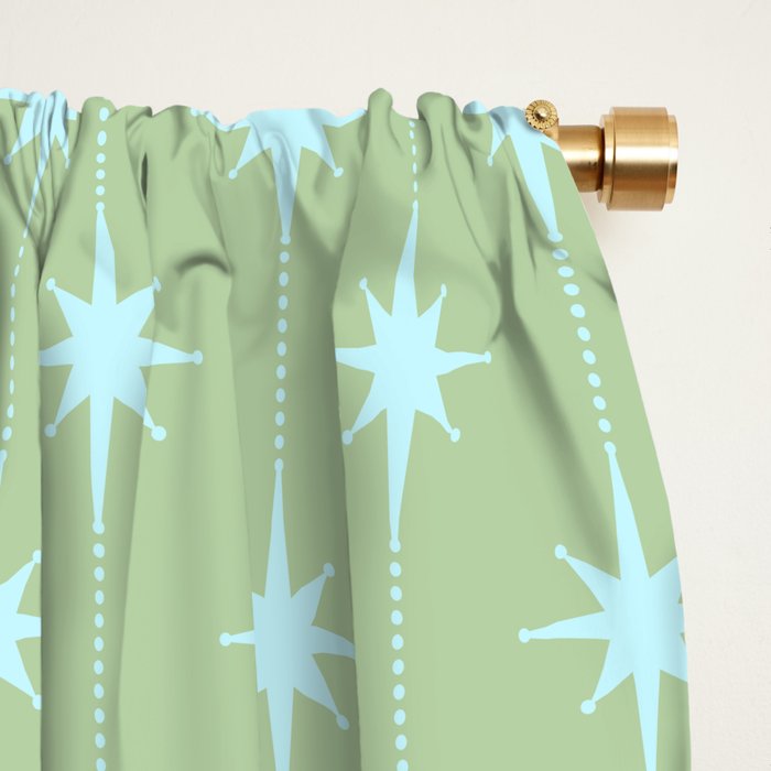 Mid Century Modern Atomic Stars and Dots Retro Pattern in Sage Green and Light Aqua Window Curtain Gallery Image 2