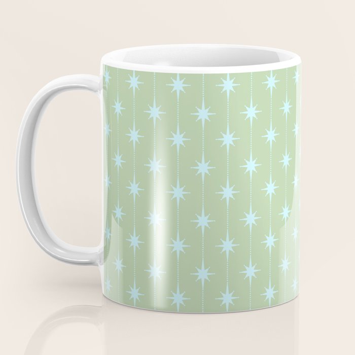 Mid Century Modern Atomic Stars and Dots Retro Pattern in Sage Green and Light Aqua Coffee Mug Gallery Image 3