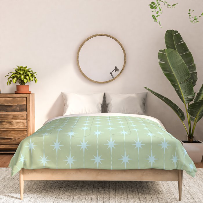 Mid Century Modern Atomic Stars and Dots Retro Pattern in Sage Green and Light Aqua Comforter Gallery Image 3