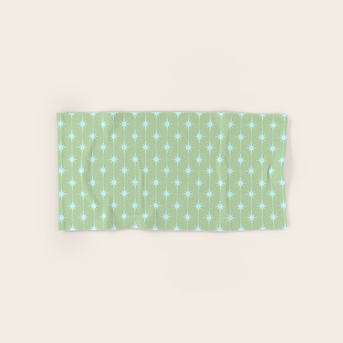 Mid Century Modern Atomic Stars and Dots Retro Pattern in Sage Green and Light Aqua Bath Towel Gallery Image 1
