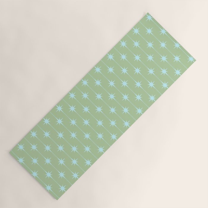 Mid Century Modern Atomic Stars and Dots Retro Pattern in Sage Green and Light Aqua Yoga Mat Gallery Image 1