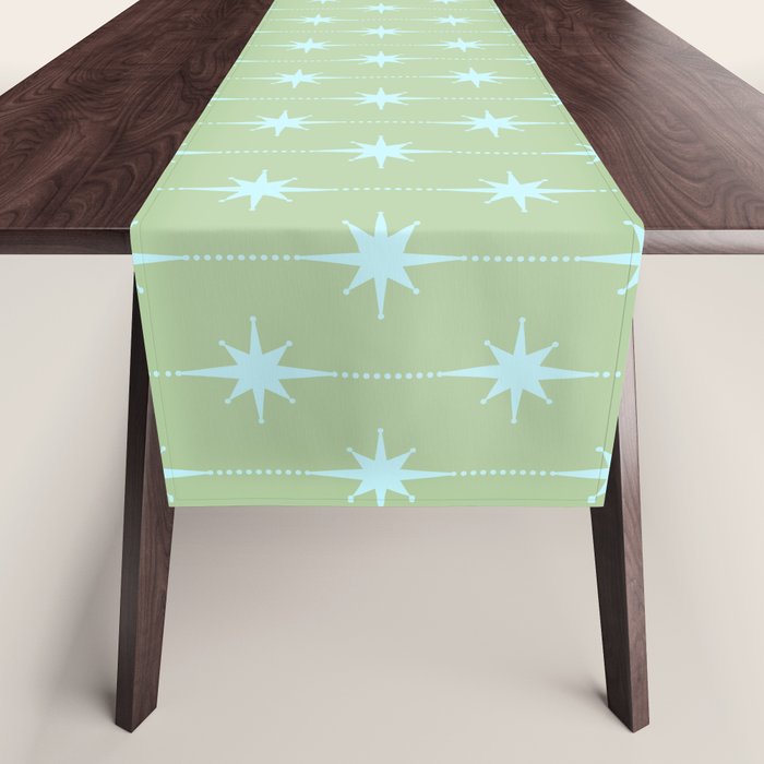 Mid Century Modern Atomic Stars and Dots Retro Pattern in Sage Green and Light Aqua Table Runner Gallery Image 1