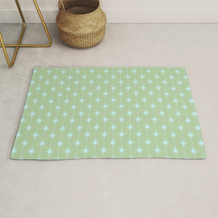 Mid Century Modern Atomic Stars and Dots Retro Pattern in Sage Green and Light Aqua Rug Gallery Image 1
