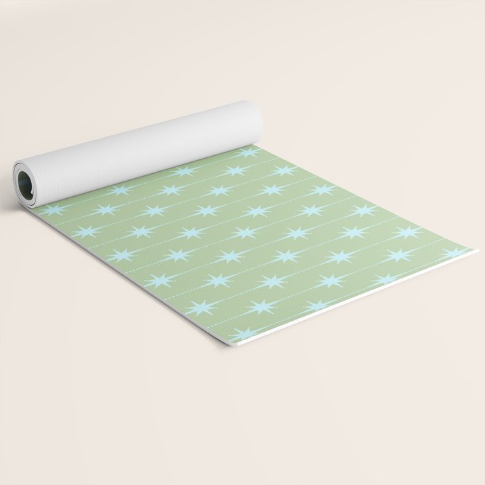 Mid Century Modern Atomic Stars and Dots Retro Pattern in Sage Green and Light Aqua Yoga Mat Gallery Image 2