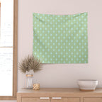 Mid Century Modern Atomic Stars and Dots Retro Pattern in Sage Green and Light Aqua Wall Tapestry Gallery Image 2