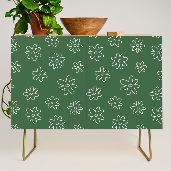 Green garden flower doodle art pattern Credenza Gallery Image 1