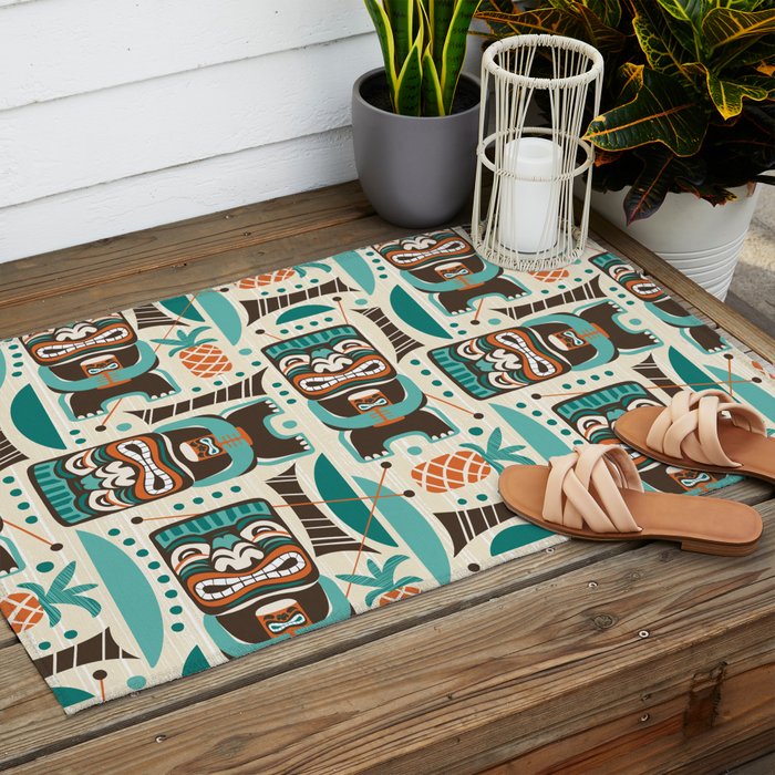 Tiki Hut Cream Aqua Outdoor Rug Gallery Image 2