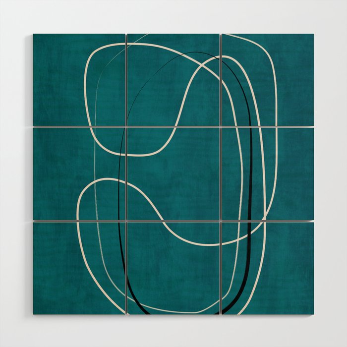 Teal Line Art Black White Modern Artwork Wood Wall Art Gallery Image 1