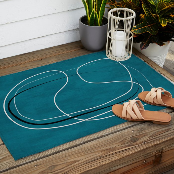 Teal Line Art Black White Modern Artwork Outdoor Rug Gallery Image 2