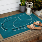 Teal Line Art Black White Modern Artwork Outdoor Rug Gallery Image 2