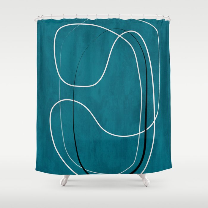 Teal Line Art Black White Modern Artwork Shower Curtain Gallery Image 1