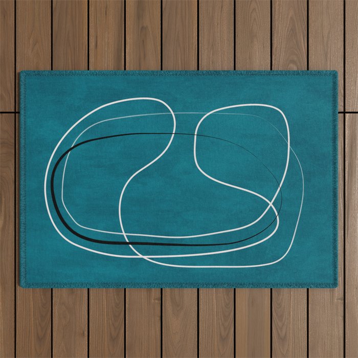 Teal Line Art Black White Modern Artwork Outdoor Rug Gallery Image 1