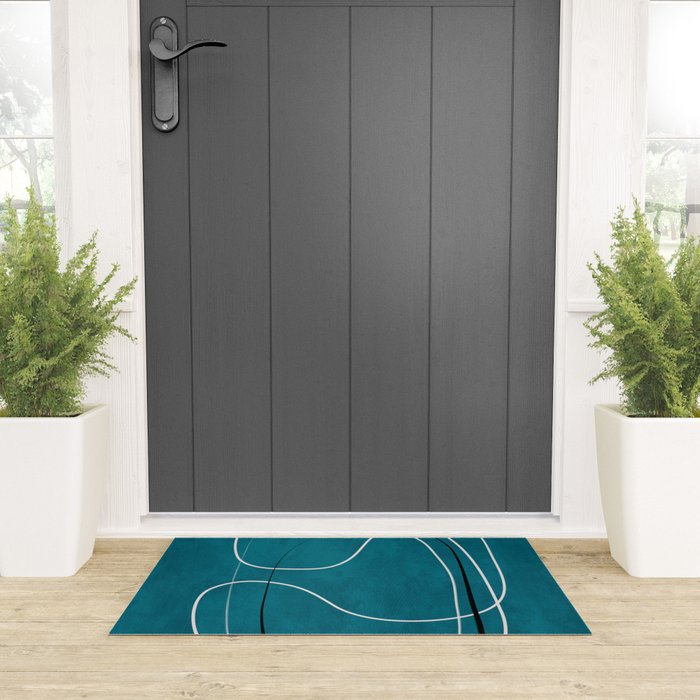 Teal Line Art Black White Modern Artwork Welcome Mat Gallery Image 3
