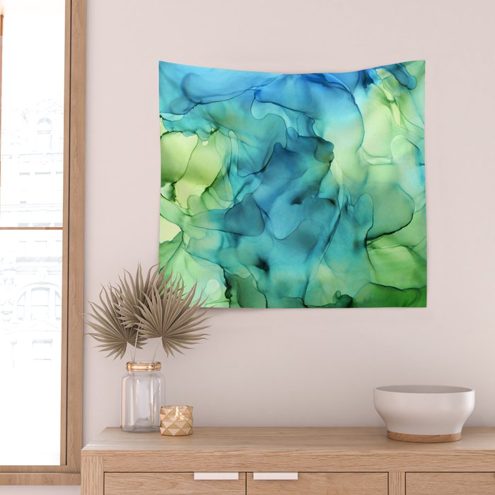 Blue Green Spring Marble Abstract Ink Painting Wall Tapestry Gallery Image 2