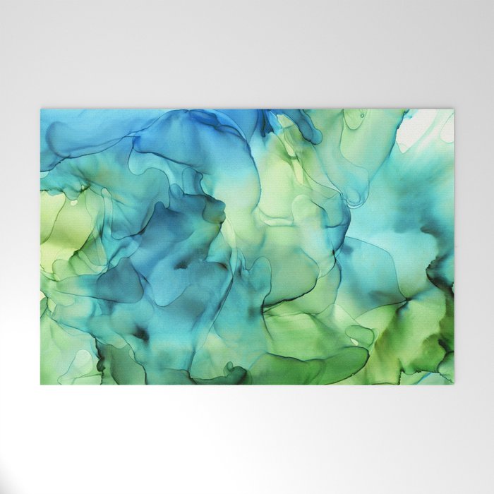 Blue Green Spring Marble Abstract Ink Painting Welcome Mat Gallery Image 1