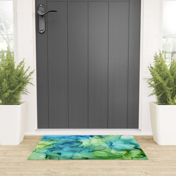 Blue Green Spring Marble Abstract Ink Painting Welcome Mat Gallery Image 3
