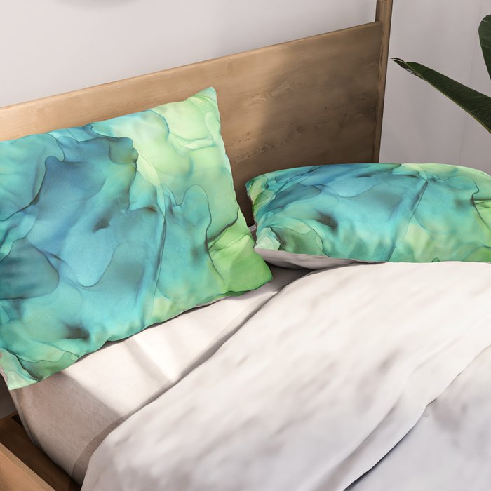 Blue Green Spring Marble Abstract Ink Painting Pillow Sham Gallery Image 2