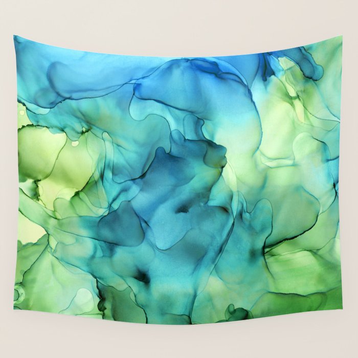 Blue Green Spring Marble Abstract Ink Painting Wall Tapestry Gallery Image 1