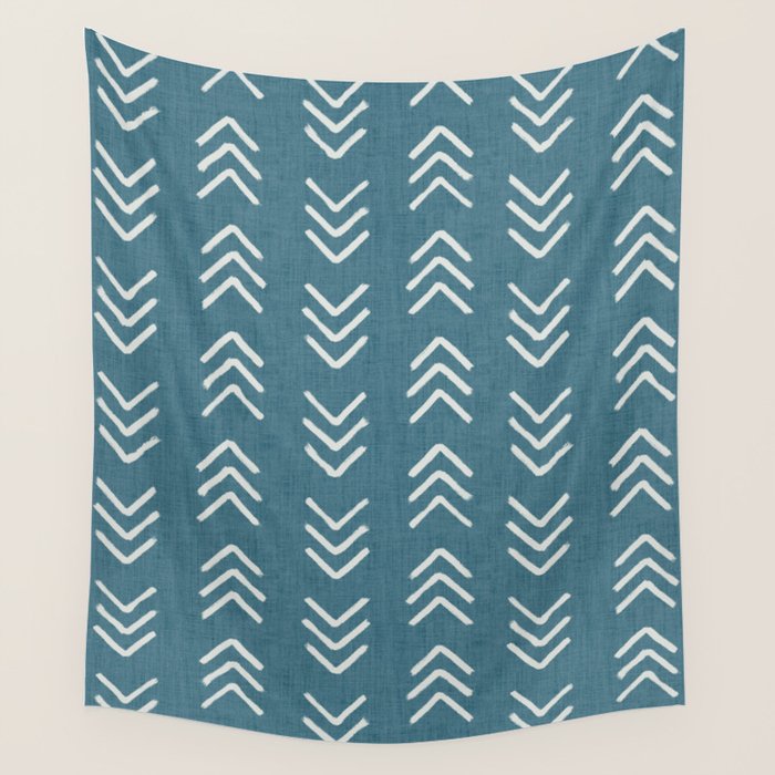 Muted teal and soft white ink brushed arrow heads pattern with textured background Wall Tapestry Gallery Image 4