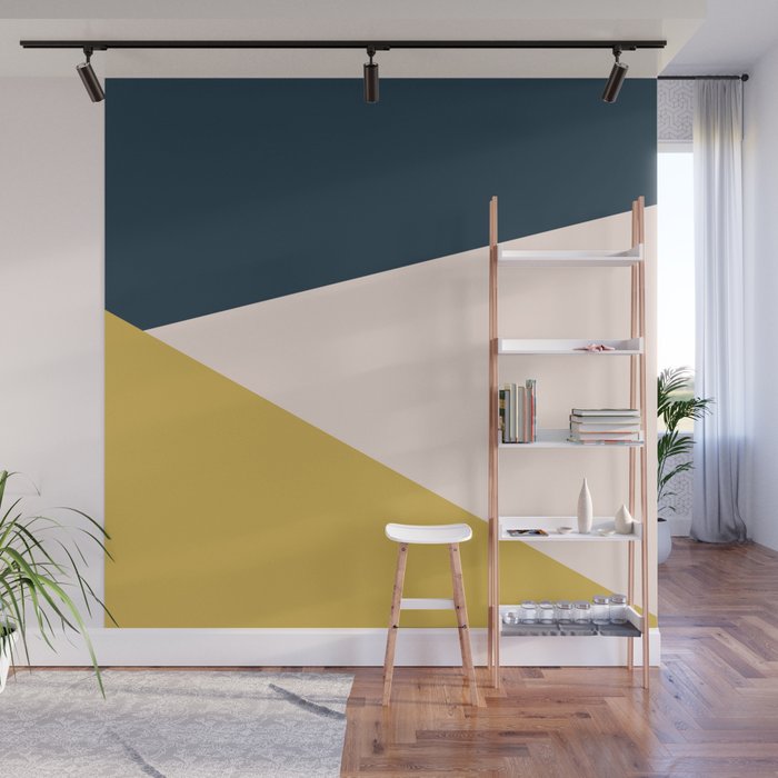 Jag 2. Minimalist Angled Color Block in Navy Blue, Blush Pink, and Mustard Yellow Wall Mural Gallery Image 1