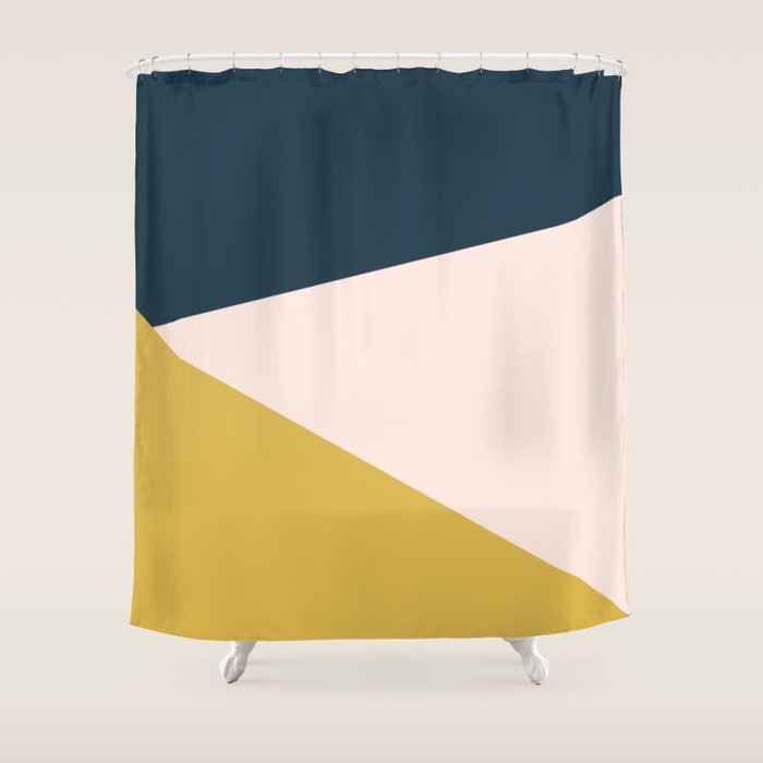 Jag 2. Minimalist Angled Color Block in Navy Blue, Blush Pink, and Mustard Yellow Shower Curtain Gallery Image 1