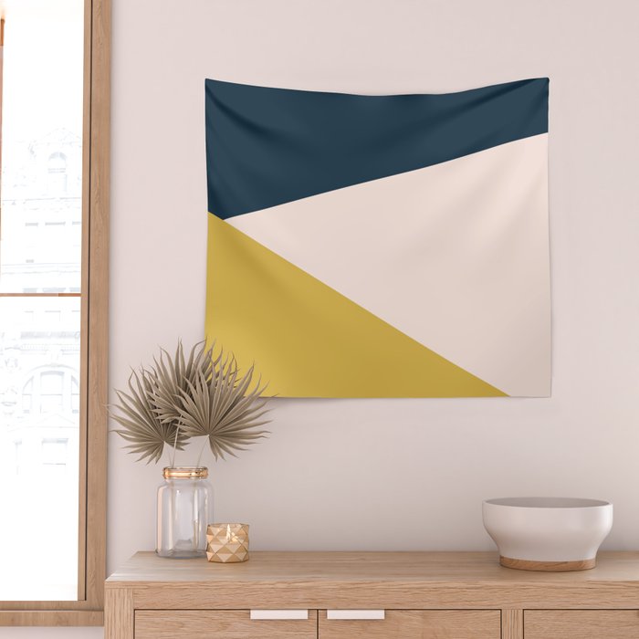 Jag 2. Minimalist Angled Color Block in Navy Blue, Blush Pink, and Mustard Yellow Wall Tapestry Gallery Image 2