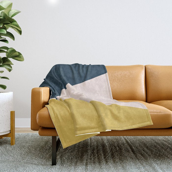 Jag 2. Minimalist Angled Color Block in Navy Blue, Blush Pink, and Mustard Yellow Throw Blanket Gallery Image 1