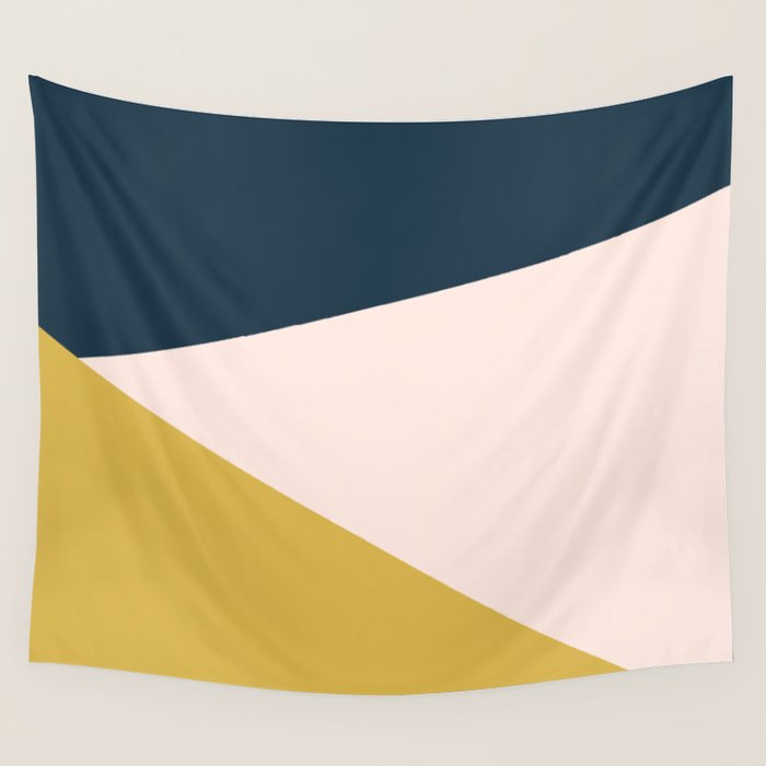 Jag 2. Minimalist Angled Color Block in Navy Blue, Blush Pink, and Mustard Yellow Wall Tapestry Gallery Image 1