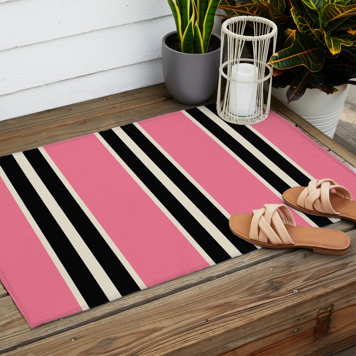 Vertical Stripes Pink and Black Outdoor Rug Gallery Image 2