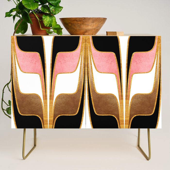 Mid Century Modern Liquid Watercolor Abstract / Faux Gold, Blush Pink, Brown, Black, White / V1 Credenza Gallery Image 1