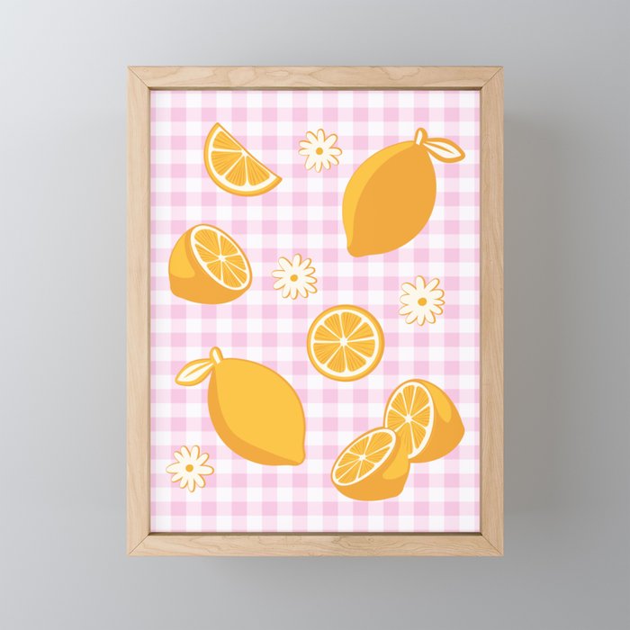 Lemons on Pastel Baby Pink Gingham Mini Art Print Gallery Image 1