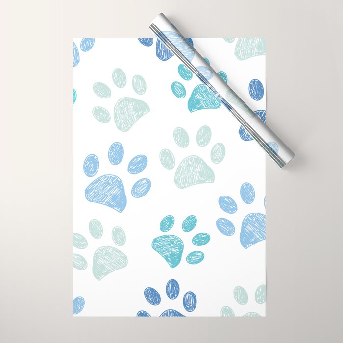Blue colored paw print background Wrapping Paper Gallery Image 1