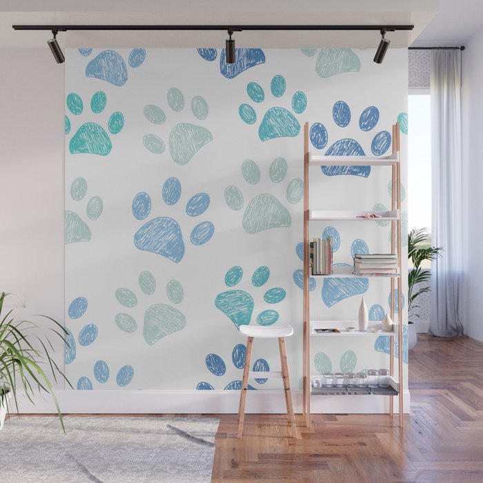 Blue colored paw print background Wall Mural Gallery Image 1