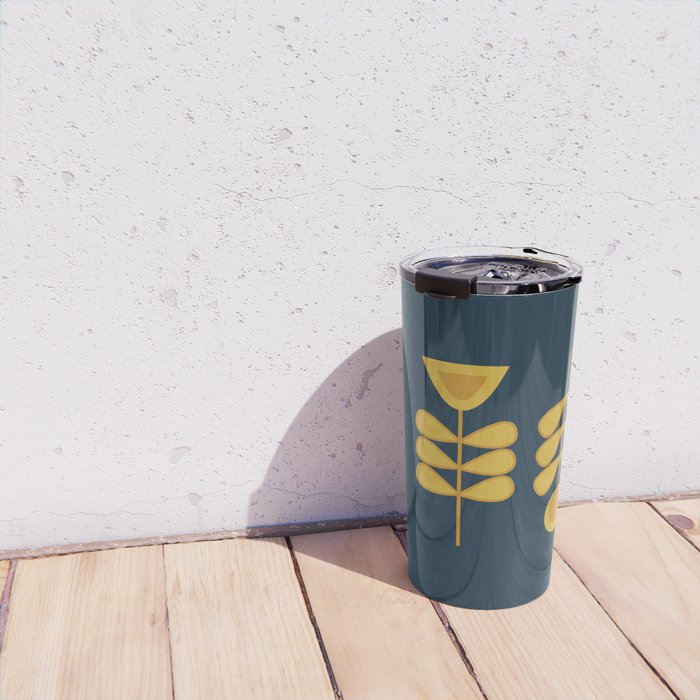 Scandi Garden Retro Minimalist Flower Pair in Mustard Yellow and Navy Blue Travel Mug Gallery Image 4
