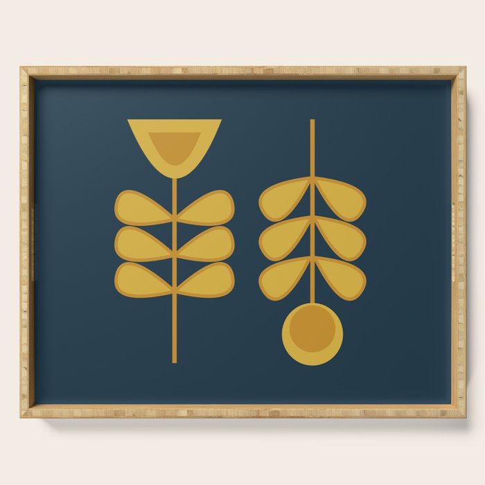 Scandi Garden Retro Minimalist Flower Pair in Mustard Yellow and Navy Blue Serving Tray Gallery Image 1
