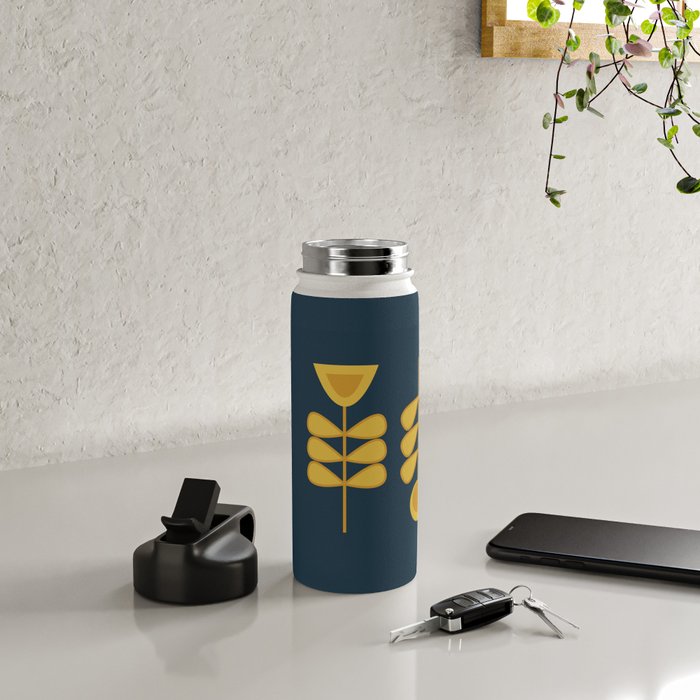 Scandi Garden Retro Minimalist Flower Pair in Mustard Yellow and Navy Blue Water Bottle Gallery Image 4