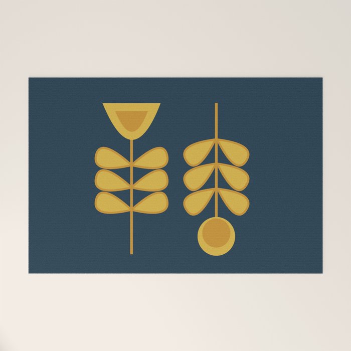 Scandi Garden Retro Minimalist Flower Pair in Mustard Yellow and Navy Blue Welcome Mat Gallery Image 1