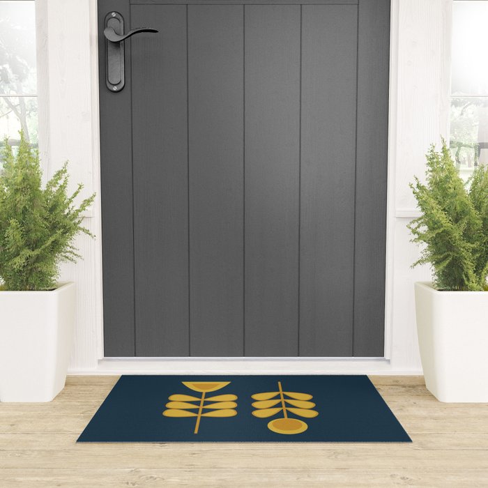 Scandi Garden Retro Minimalist Flower Pair in Mustard Yellow and Navy Blue Welcome Mat Gallery Image 3