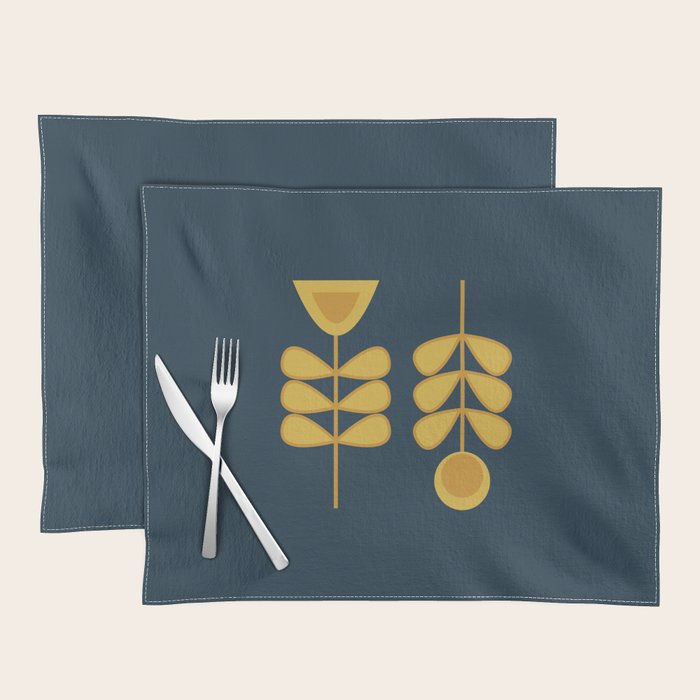 Scandi Garden Retro Minimalist Flower Pair in Mustard Yellow and Navy Blue Placemat Gallery Image 1