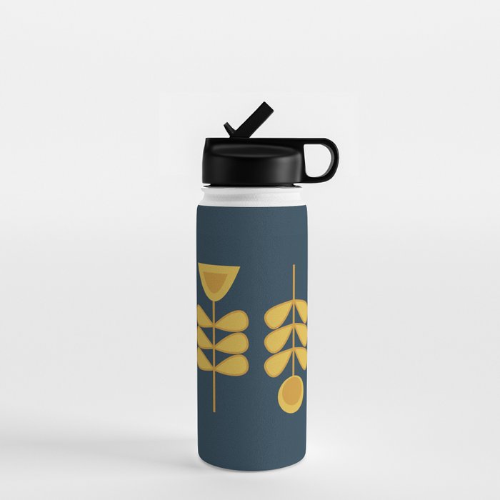 Scandi Garden Retro Minimalist Flower Pair in Mustard Yellow and Navy Blue Water Bottle Gallery Image 1
