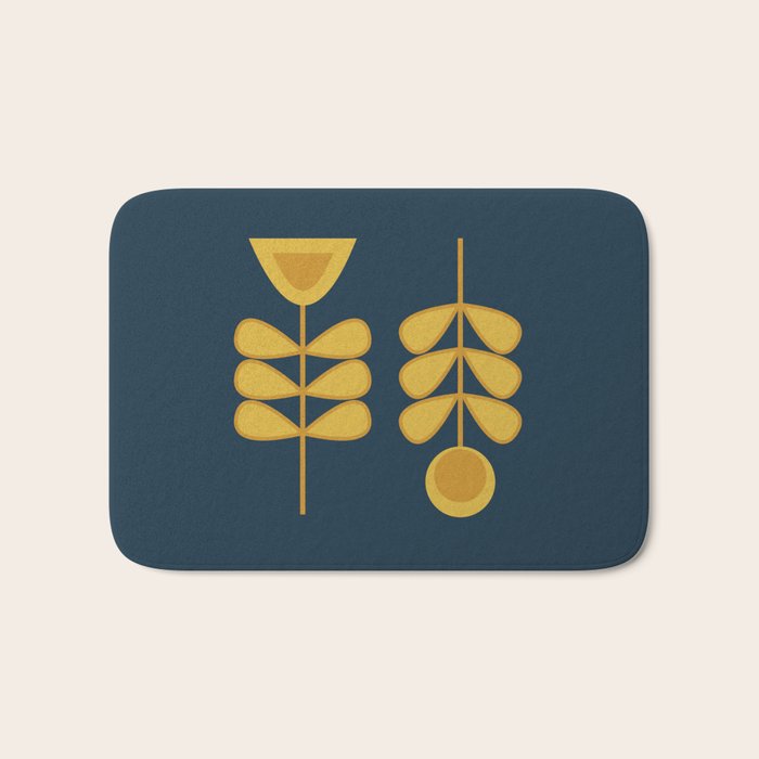 Scandi Garden Retro Minimalist Flower Pair in Mustard Yellow and Navy Blue Bath Mat Gallery Image 1