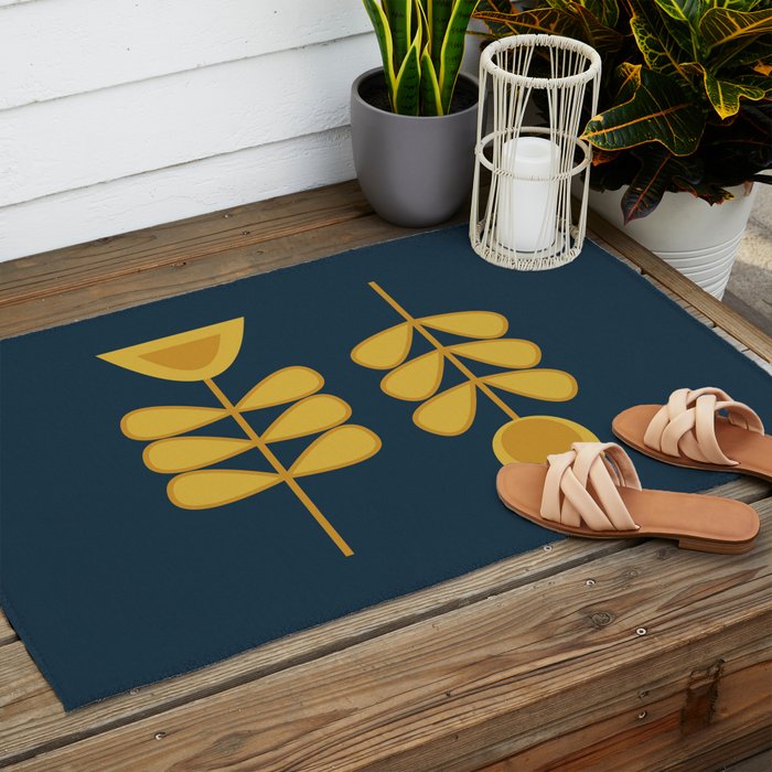 Scandi Garden Retro Minimalist Flower Pair in Mustard Yellow and Navy Blue Outdoor Rug Gallery Image 2