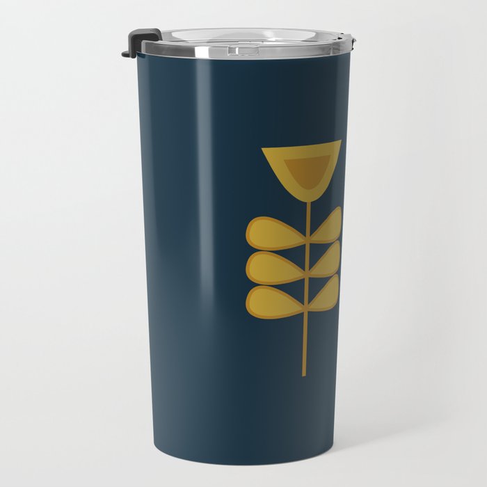 Scandi Garden Retro Minimalist Flower Pair in Mustard Yellow and Navy Blue Travel Mug Gallery Image 3