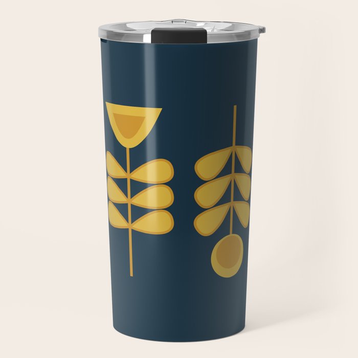 Scandi Garden Retro Minimalist Flower Pair in Mustard Yellow and Navy Blue Travel Mug Gallery Image 1