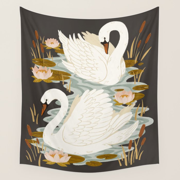 Swan Dance - Charcoal Black Background Wall Tapestry Gallery Image 4