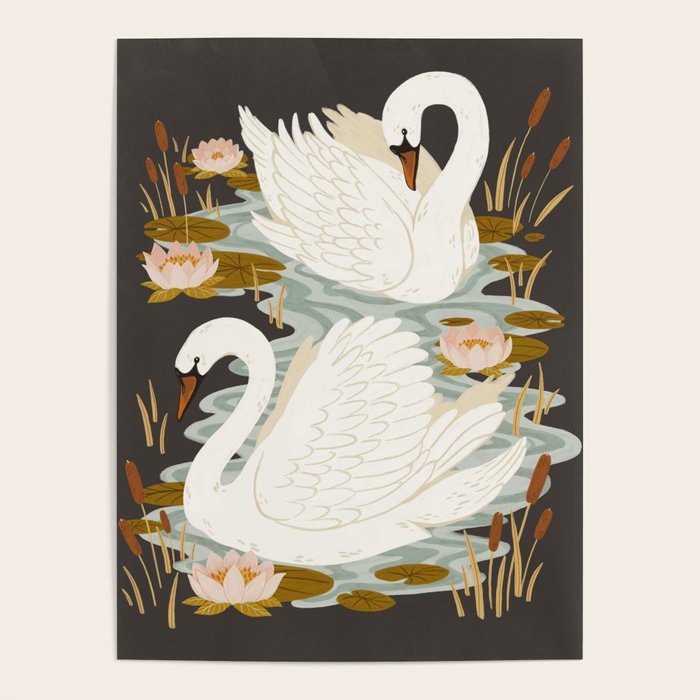 Swan Dance - Charcoal Black Background Poster Gallery Image 1