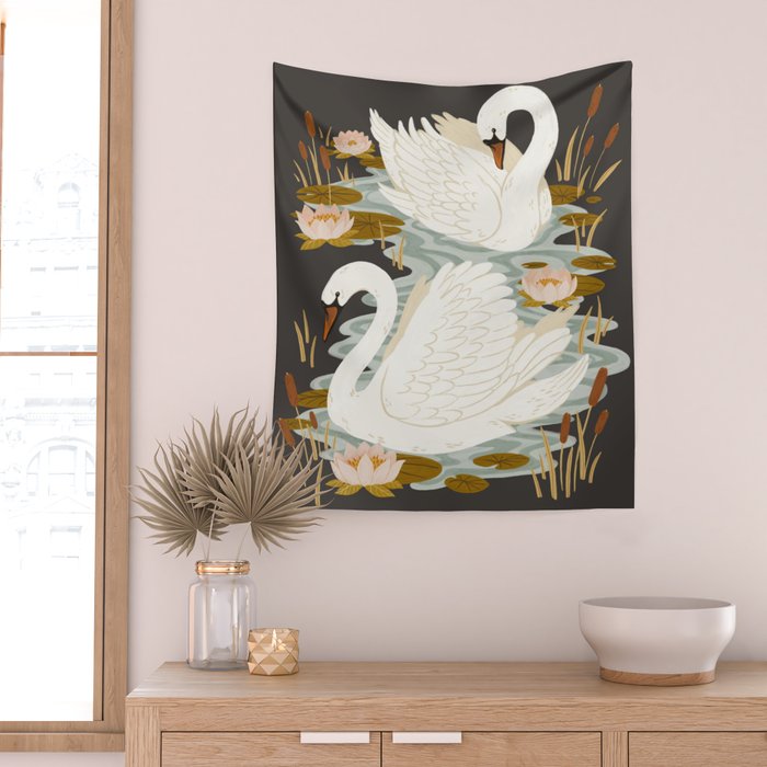 Swan Dance - Charcoal Black Background Wall Tapestry Gallery Image 2