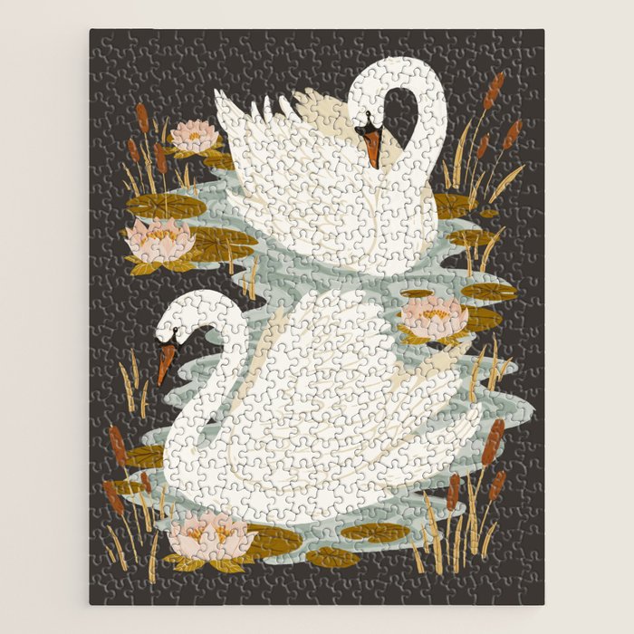 Swan Dance - Charcoal Black Background Jigsaw Puzzle Gallery Image 1