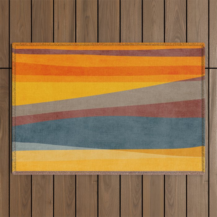 Orange Blue Yellow Beige Modern MCM Art Outdoor Rug Gallery Image 1